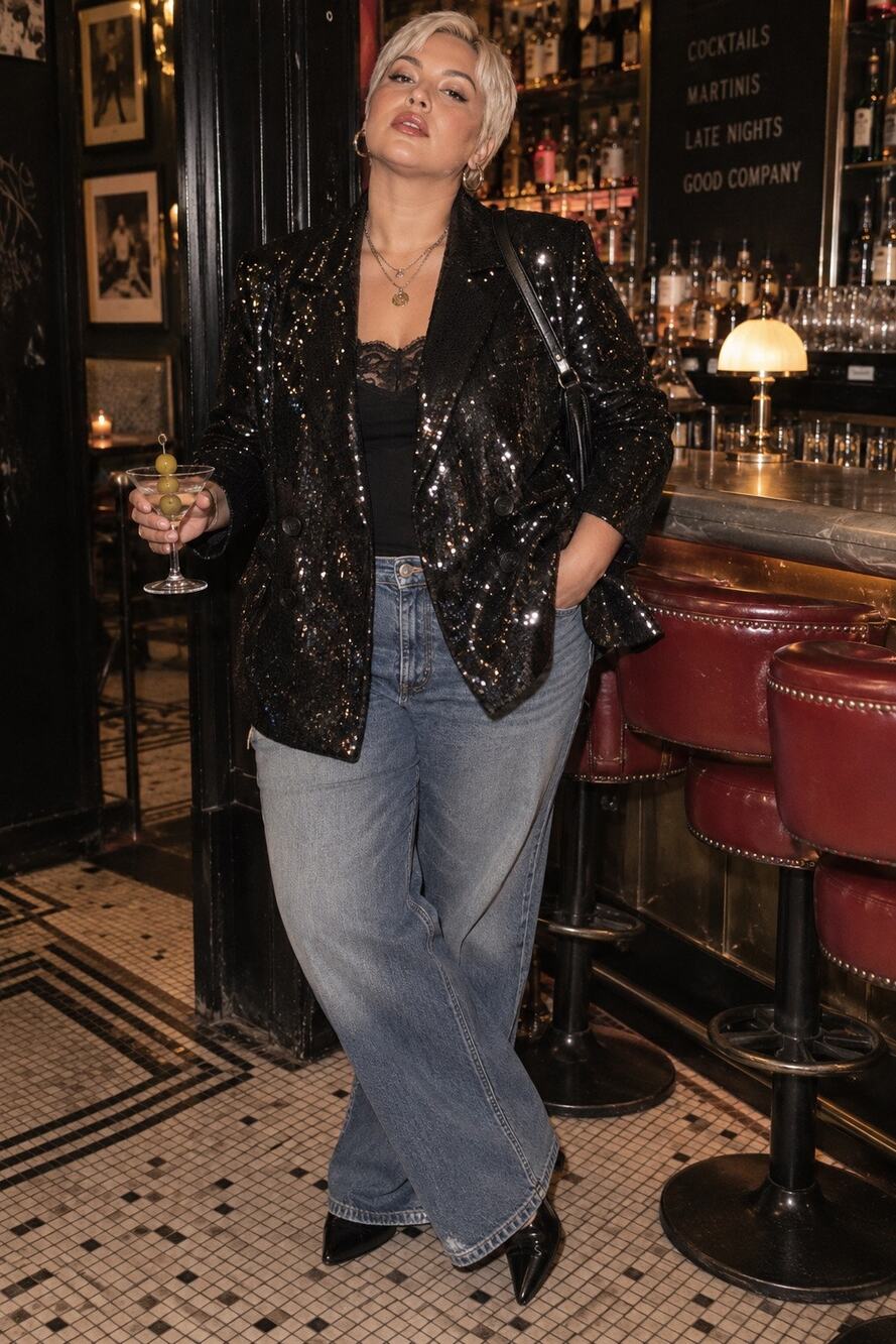 Forever 21 Black Sequin Blazer Disco Glam Oversized 14/16